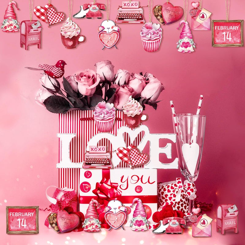 Glenmal 24 Pcs Vintage Valentine's Day Tree Ornaments Wooden Red Pink Valentine Decorations Heart Gnomes Love Truck Holiday Wood Valentines Tree Ornaments for Home Indoor Craft Party Decor - Image 5