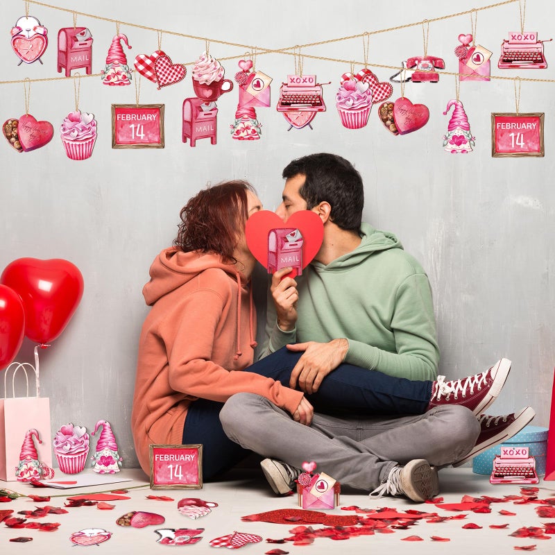 Glenmal 24 Pcs Vintage Valentine's Day Tree Ornaments Wooden Red Pink Valentine Decorations Heart Gnomes Love Truck Holiday Wood Valentines Tree Ornaments for Home Indoor Craft Party Decor - Image 2