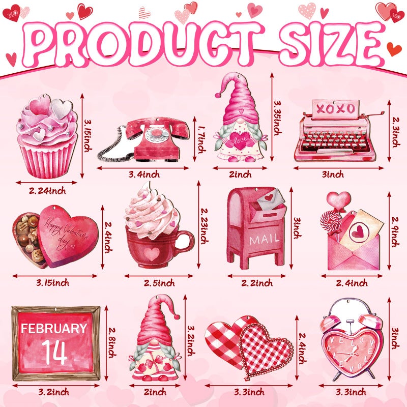 Glenmal 24 Pcs Vintage Valentine's Day Tree Ornaments Wooden Red Pink Valentine Decorations Heart Gnomes Love Truck Holiday Wood Valentines Tree Ornaments for Home Indoor Craft Party Decor - Image 3
