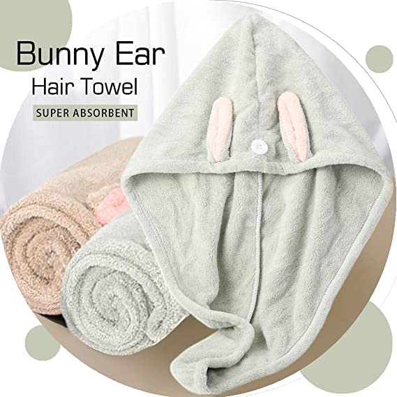 VRT Cute Rabbit Dry Hair Cap/Ultra-Soft Hair Dry Hat Towels/Microfiber Hair Towel. Hair Drying Towel with Button/Dry Hair (Brown and Green) (Pack of 2) - Image 3