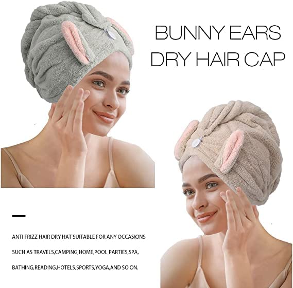 VRT Cute Rabbit Dry Hair Cap/Ultra-Soft Hair Dry Hat Towels/Microfiber Hair Towel. Hair Drying Towel with Button/Dry Hair (Brown and Green) (Pack of 2) - Image 2