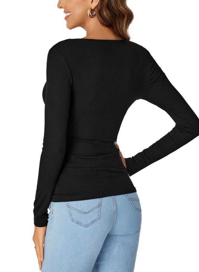 LYANER Women's Long Sleeve Shirts Lace V Neck Basic Casual Ribbed Knit Tops Fall Cute Fashion Winter Clothing, Black, M - Image 5