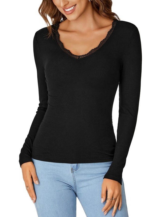 LYANER Women's Long Sleeve Shirts Lace V Neck Basic Casual Ribbed Knit Tops Fall Cute Fashion Winter Clothing, Black, M - Image 3