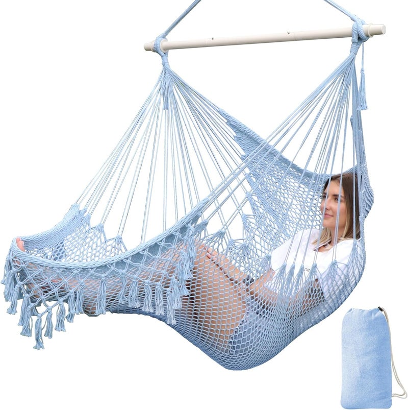 Chihee Hammock Chair Handmade Hanging Chair Cotton Rope Woven Hanging Seat Soft-Spun Large Stretch Hammock Swing, Collapsible Strong Metal Spreader Bar Elegant Macrame Comfort Indoor Outdoor Garden - Image 1