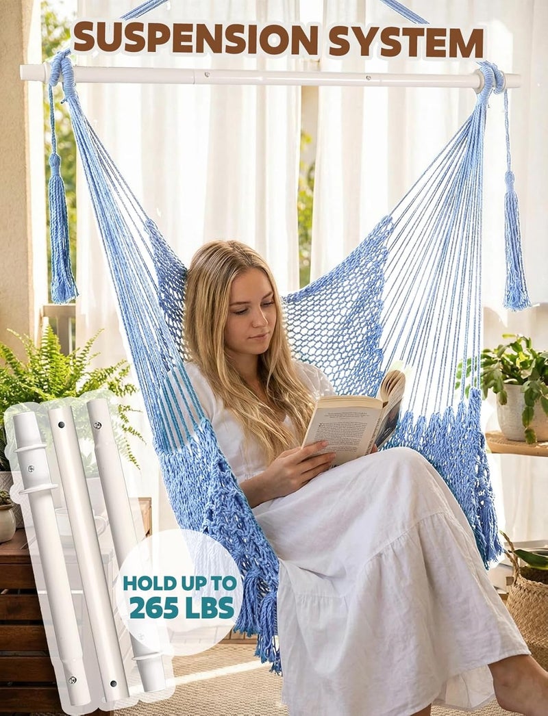 Chihee Hammock Chair Handmade Hanging Chair Cotton Rope Woven Hanging Seat Soft-Spun Large Stretch Hammock Swing, Collapsible Strong Metal Spreader Bar Elegant Macrame Comfort Indoor Outdoor Garden - Image 5