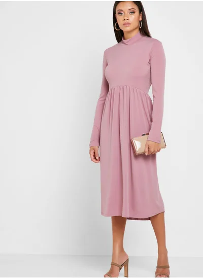 ELLA High Neck Pleated Skirt Midi Dress