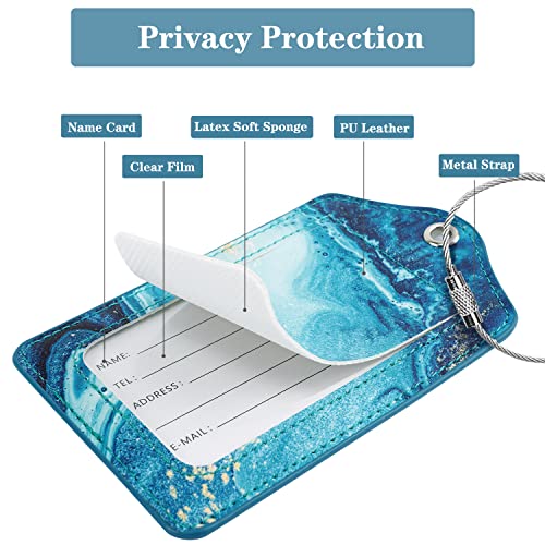 Coco Rossi (Set of 2) Luggage Tag Leather Privacy Cover ID Label Address Card with Stainless Steel Loop, Travel Bag Tags Suitcase Labels, Flowing Blue - Image 3