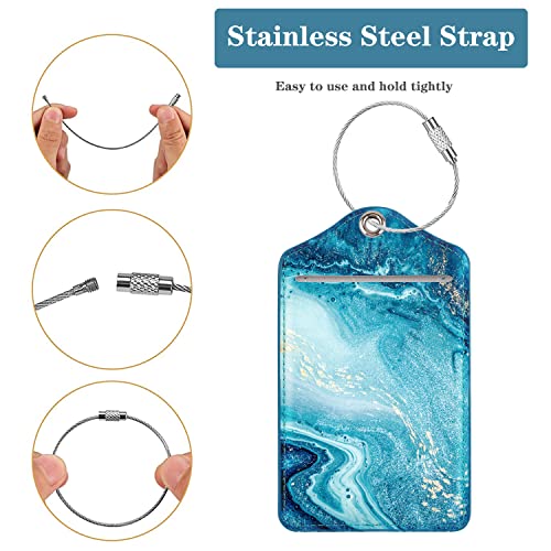 Coco Rossi (Set of 2) Luggage Tag Leather Privacy Cover ID Label Address Card with Stainless Steel Loop, Travel Bag Tags Suitcase Labels, Flowing Blue - Image 4