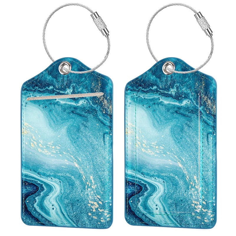 Coco Rossi (Set of 2) Luggage Tag Leather Privacy Cover ID Label Address Card with Stainless Steel Loop, Travel Bag Tags Suitcase Labels, Flowing Blue - Image 2