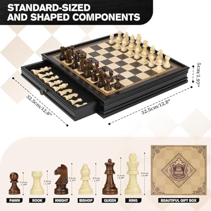 Peradix Magnetic Chess Checkers Board Sets with 2 Builtin Storage Drawers128 Classic 2 in 1 Wooden Games with 2 Extra Queens for Kids and AdultsTravel Portable Chess Game Set - Image 4