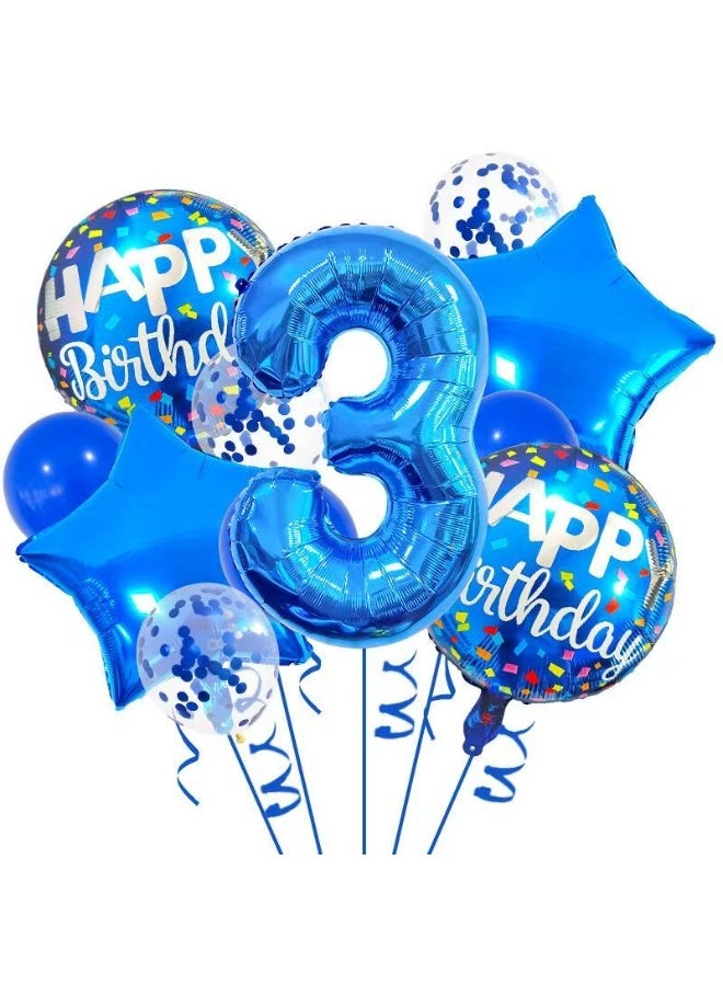 13Pcs Blue 3st Birthday Balloon Set – 32 Number 3 Foil Balloon, Happy Birthday Round Balloons, Star Balloons & Confetti Balloons Party Decoration Kit for Boys - Image 1