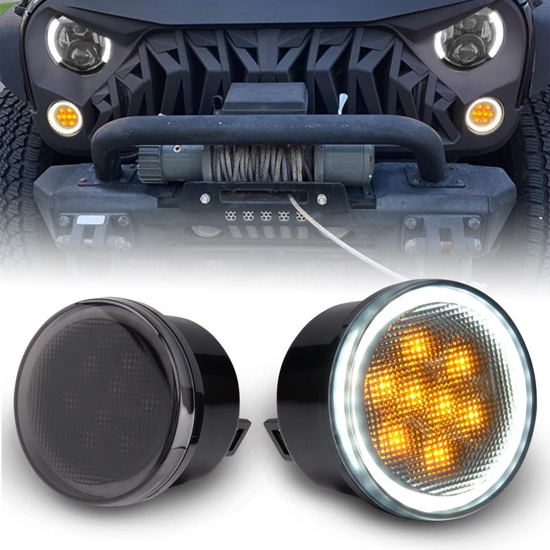 أضواء إشارة الانعطاف LED كهرماني AUXLIGHT مع Halo DRL عدسة مدخنة متوافقة مع 2007 2008 2009 2010 2011 2012 2013 2014 2015 2016 2017 2018 جيب رانجلر JK JKU عبوة من 2