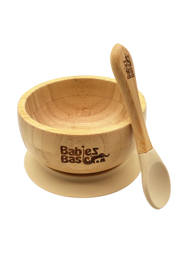 Babies Basic Babies Basic Bamboo Bowl with suction and Silicone Spoon for Kids, Beige
