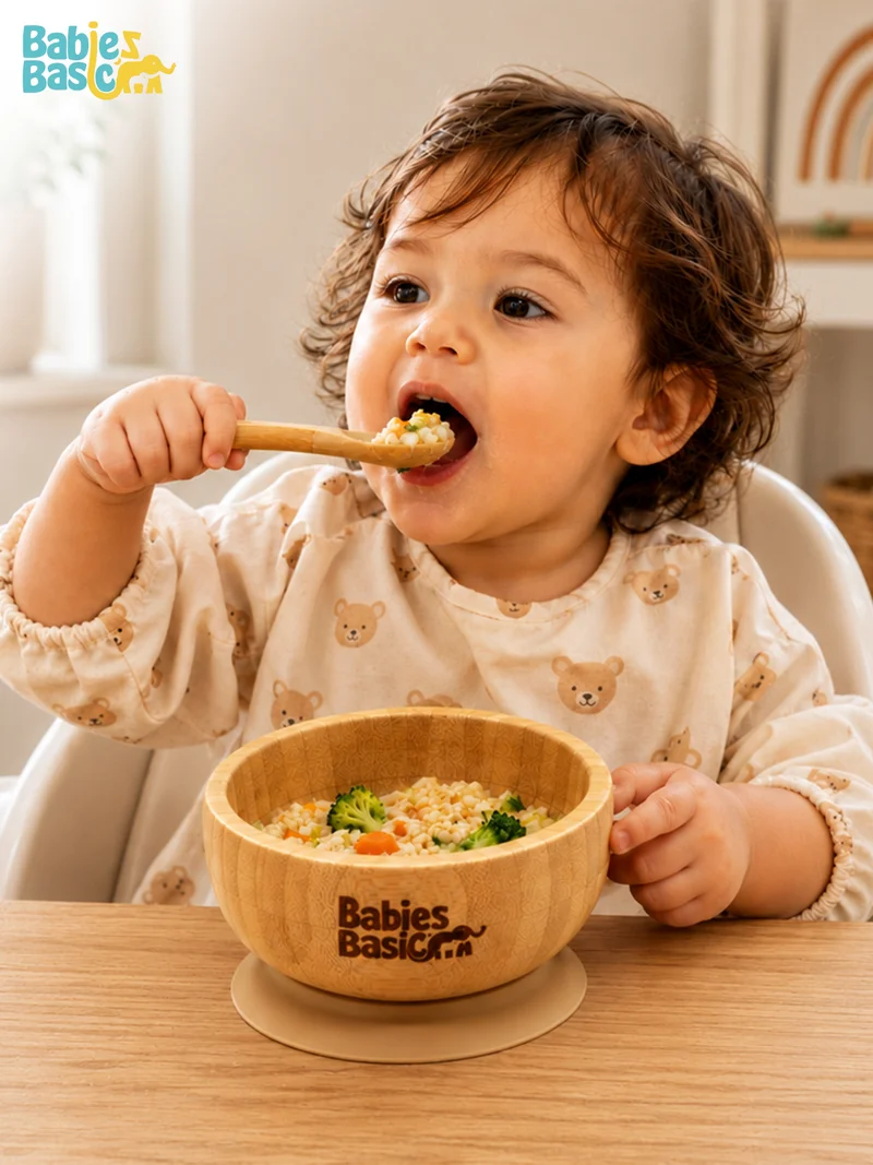 Babies Basic Babies Basic Bamboo Bowl with suction and Silicone Spoon for Kids, Beige