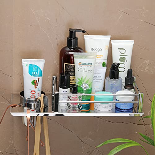 FORTUNE Stainless Steel Wall Mount 2 in 1 Shelf Multi-Functional Storage Shelf, Toothbrush Tumbler Holder, Bathroom Accessories Homes, Hotels- Chrome- 12 x 5 Inch (Pack of 1) - Image 2