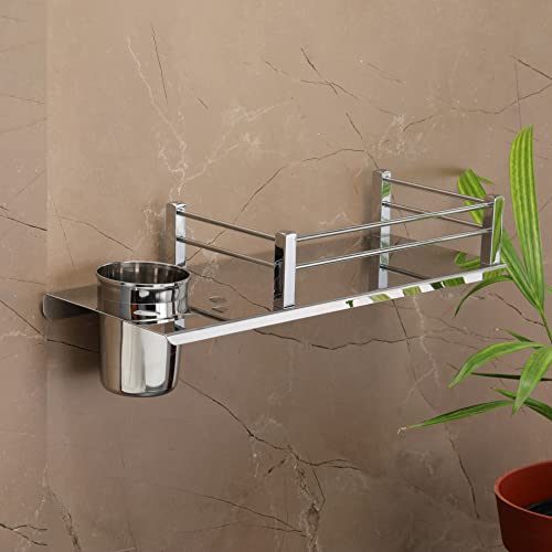 FORTUNE Stainless Steel Wall Mount 2 in 1 Shelf Multi-Functional Storage Shelf, Toothbrush Tumbler Holder, Bathroom Accessories Homes, Hotels- Chrome- 12 x 5 Inch (Pack of 1) - Image 3