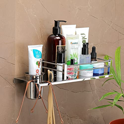 FORTUNE Stainless Steel Wall Mount 2 in 1 Shelf Multi-Functional Storage Shelf, Toothbrush Tumbler Holder, Bathroom Accessories Homes, Hotels- Chrome- 12 x 5 Inch (Pack of 1) - Image 1