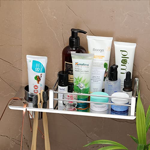 FORTUNE Stainless Steel Wall Mount 2 in 1 Shelf Multi-Functional Storage Shelf, Toothbrush Tumbler Holder, Bathroom Accessories Homes, Hotels- Chrome- 12 x 5 Inch (Pack of 1) - Image 5