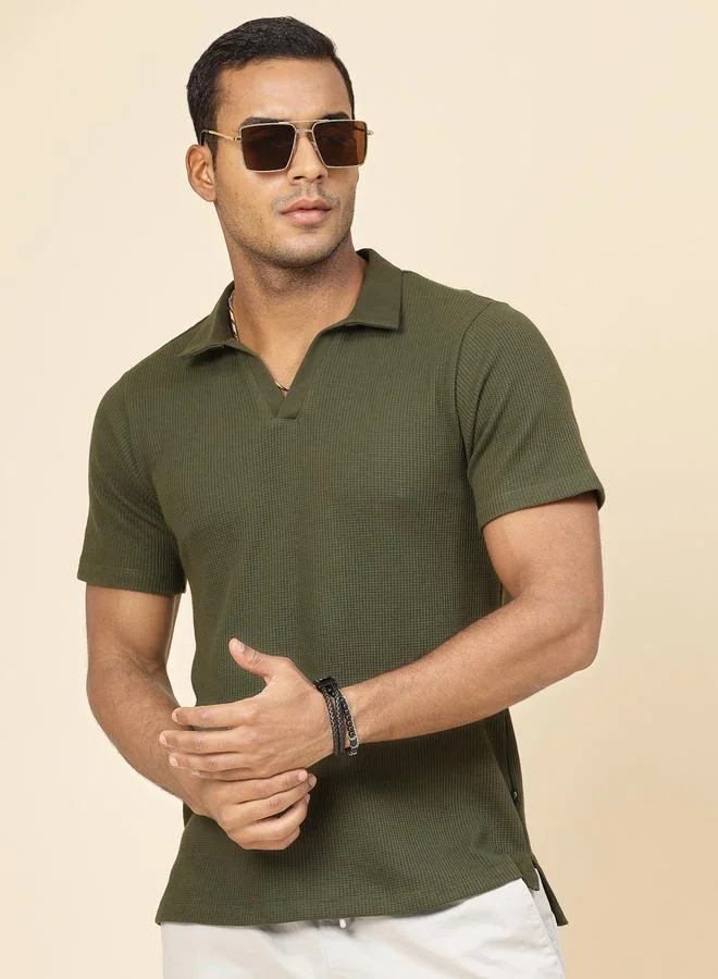 تايك تو بولو محبوك بنمط وافل بياقة مفتوحة