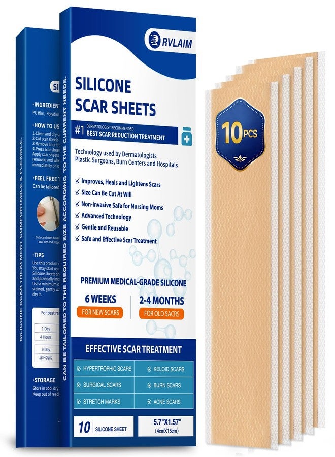 Rvlaim Silicone Scar Sheets, Silicone Scar Tape(5.7” x 1.57” 10 Pcs, Silicone Scar Sheets for Surgical Scars, Keloid Bump Removal, Stretch Marks Removal, C-Section, Burn et - Image 1