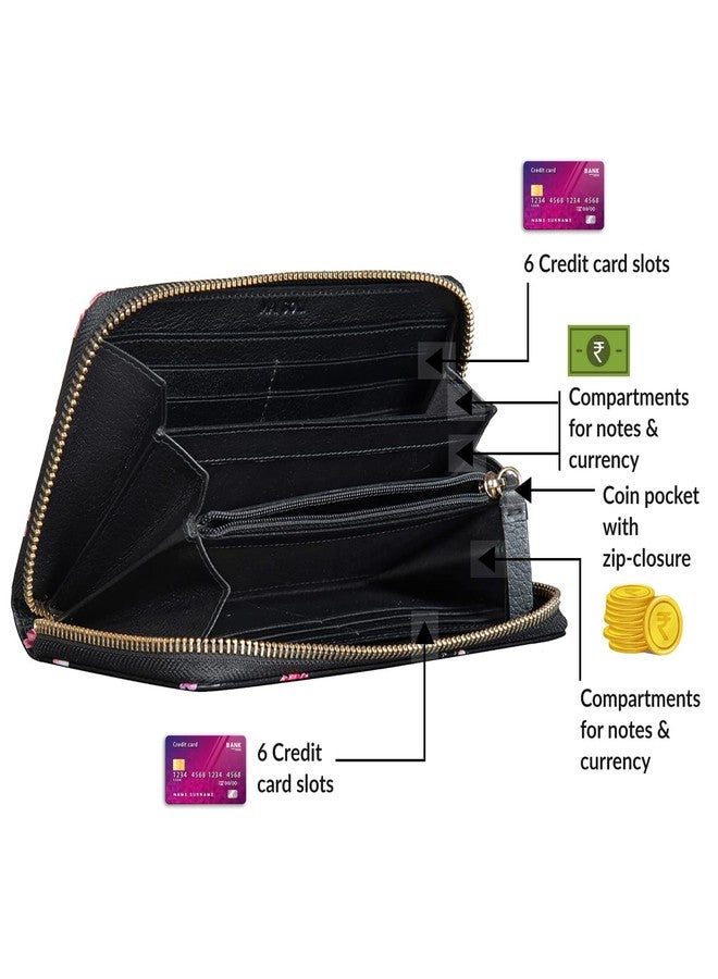 MAI SOLI Cosmos Genuine Leather Hand Wallet for Women, Clutch for Girls, Purse for Women with 12 Card Slots, 1 Coin Pocket and Currency Compartments, Flower Printed Zip Closure Gift for Women - Black - Image 2