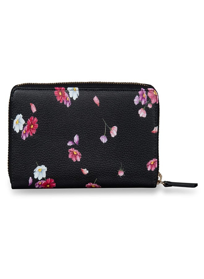 MAI SOLI Cosmos Genuine Leather Hand Wallet for Women, Clutch for Girls, Purse for Women with 12 Card Slots, 1 Coin Pocket and Currency Compartments, Flower Printed Zip Closure Gift for Women - Black - Image 1