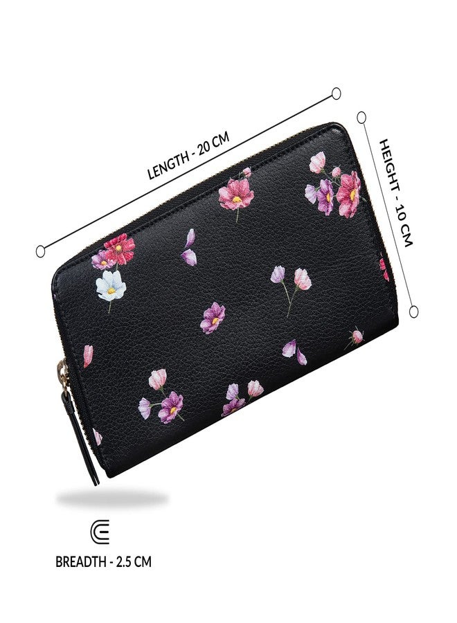 MAI SOLI Cosmos Genuine Leather Hand Wallet for Women, Clutch for Girls, Purse for Women with 12 Card Slots, 1 Coin Pocket and Currency Compartments, Flower Printed Zip Closure Gift for Women - Black - Image 3