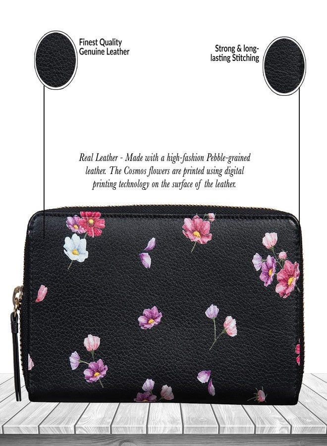 MAI SOLI Cosmos Genuine Leather Hand Wallet for Women, Clutch for Girls, Purse for Women with 12 Card Slots, 1 Coin Pocket and Currency Compartments, Flower Printed Zip Closure Gift for Women - Black - Image 4