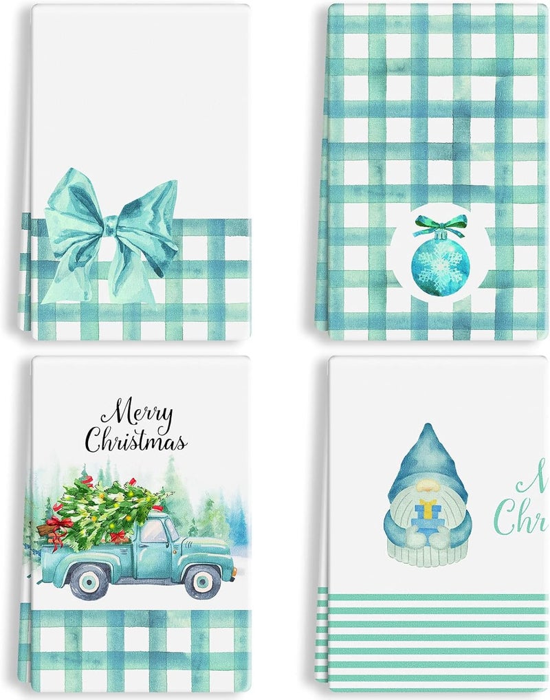 Kajaia 4 Pieces Christmas Teal Kitchen Towels and Dishcloths Merry Christmas Truck Gnome Kitchen Towels Blue Buffalo Plaid Hand Towels Turquoise Blue Dish Towels Teal Christmas Kitchen DecorGnome - Image 1