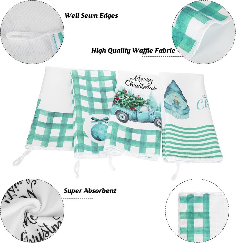 Kajaia 4 Pieces Christmas Teal Kitchen Towels and Dishcloths Merry Christmas Truck Gnome Kitchen Towels Blue Buffalo Plaid Hand Towels Turquoise Blue Dish Towels Teal Christmas Kitchen DecorGnome - Image 4