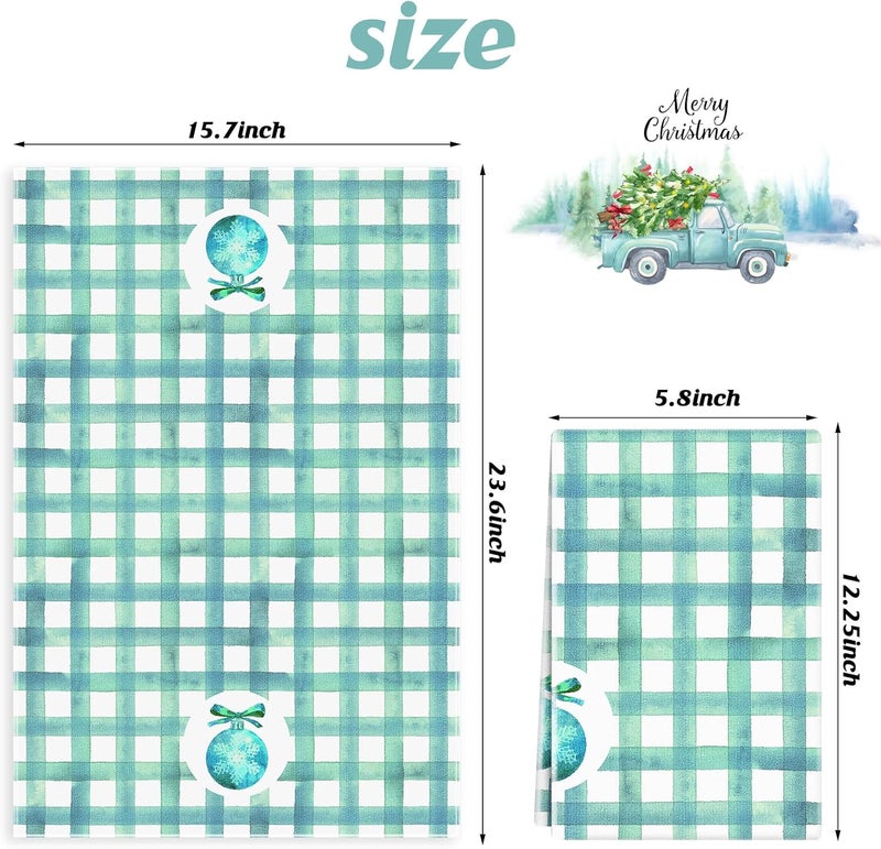 Kajaia 4 Pieces Christmas Teal Kitchen Towels and Dishcloths Merry Christmas Truck Gnome Kitchen Towels Blue Buffalo Plaid Hand Towels Turquoise Blue Dish Towels Teal Christmas Kitchen DecorGnome - Image 3