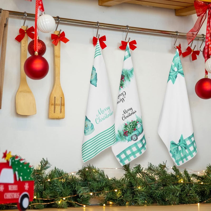 Kajaia 4 Pieces Christmas Teal Kitchen Towels and Dishcloths Merry Christmas Truck Gnome Kitchen Towels Blue Buffalo Plaid Hand Towels Turquoise Blue Dish Towels Teal Christmas Kitchen DecorGnome - Image 2