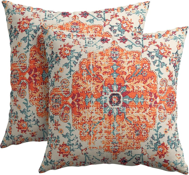 aportt Orange Blue Ethnic Boho Pillow Covers 20X20 Inch Bohemian Carpet Vintage Pillow Cases Rust Coral Floral Cotton Linen Throw Pillows Set of 2 Rustic Home Decor for Living Room Bedroom Cushion Outdoor - Image 1