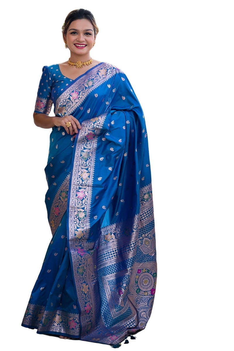 SGF11 Women's Kanjivaram Pure Soft Silk Saree With Unstitched Blouse Piece (Light Blue) - Image 1