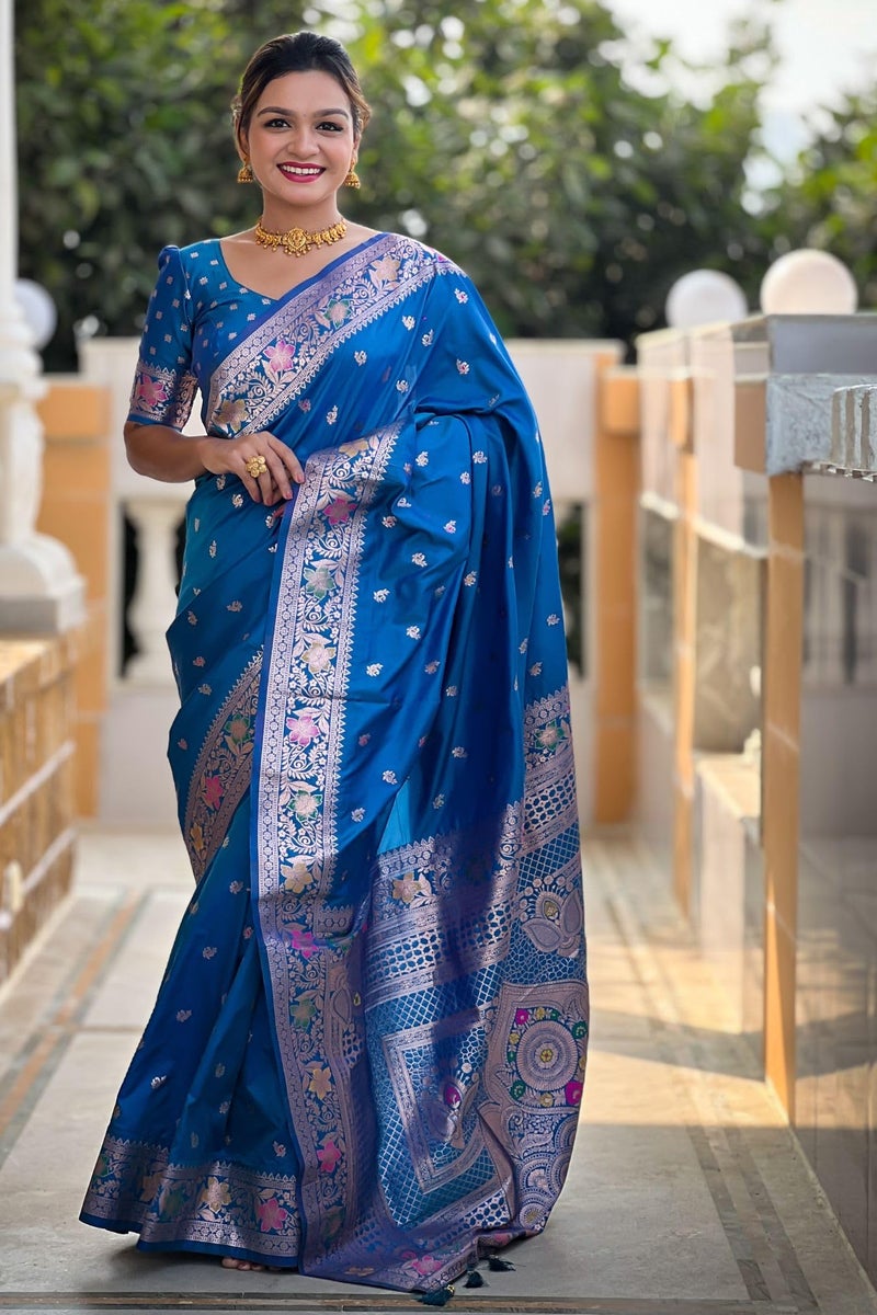 SGF11 Women's Kanjivaram Pure Soft Silk Saree With Unstitched Blouse Piece (Light Blue) - Image 2
