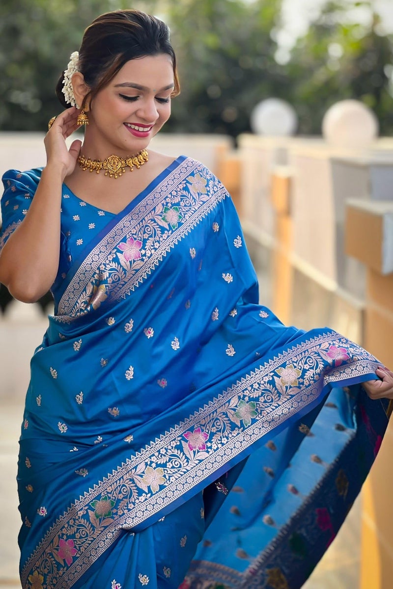 SGF11 Women's Kanjivaram Pure Soft Silk Saree With Unstitched Blouse Piece (Light Blue) - Image 3