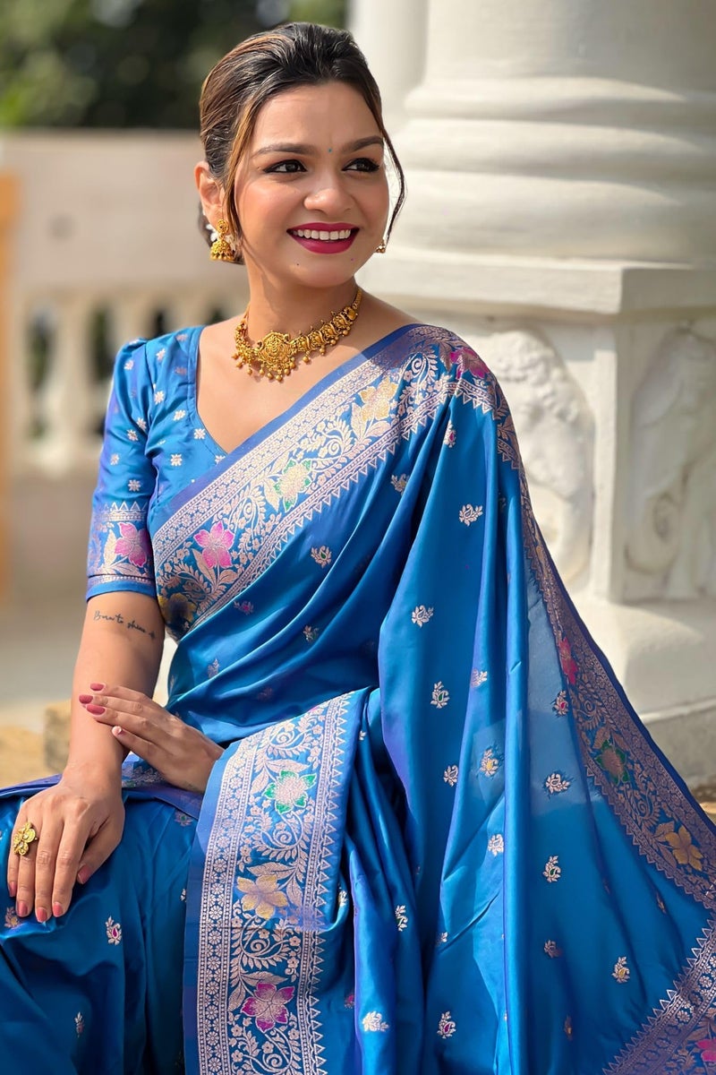 SGF11 Women's Kanjivaram Pure Soft Silk Saree With Unstitched Blouse Piece (Light Blue) - Image 5