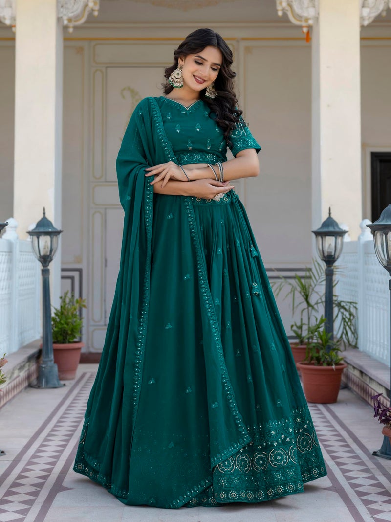 TRENDMALLS Women Georgette Semi Stitched Embroidery Work Lehenga Choli With Dupatta (L287-Darkgreen), 43 - Image 3