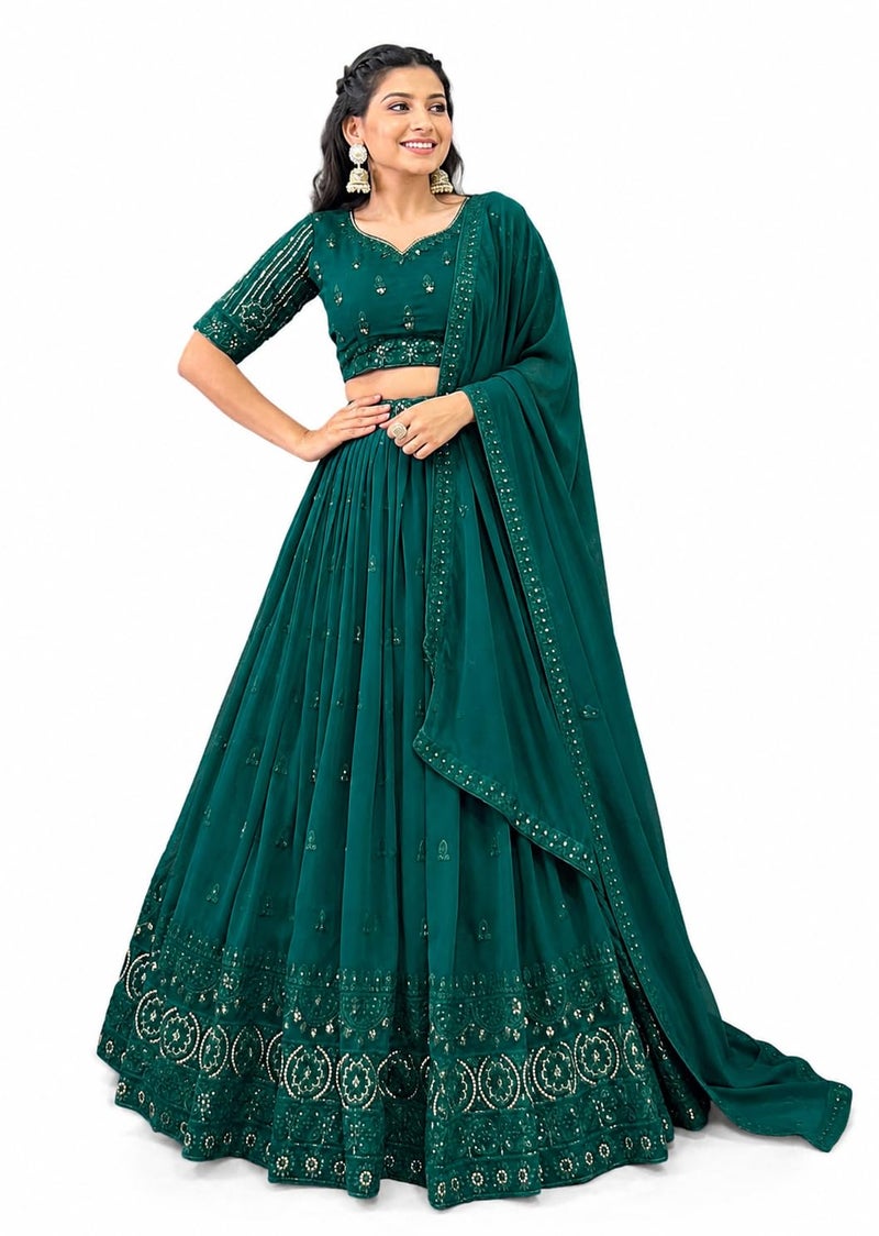 TRENDMALLS Women Georgette Semi Stitched Embroidery Work Lehenga Choli With Dupatta (L287-Darkgreen), 43 - Image 1