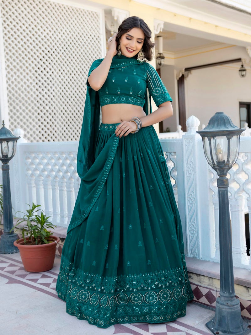 TRENDMALLS Women Georgette Semi Stitched Embroidery Work Lehenga Choli With Dupatta (L287-Darkgreen), 43 - Image 5