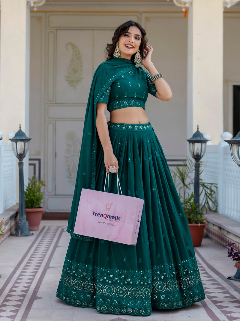 TRENDMALLS Women Georgette Semi Stitched Embroidery Work Lehenga Choli With Dupatta (L287-Darkgreen), 43 - Image 4