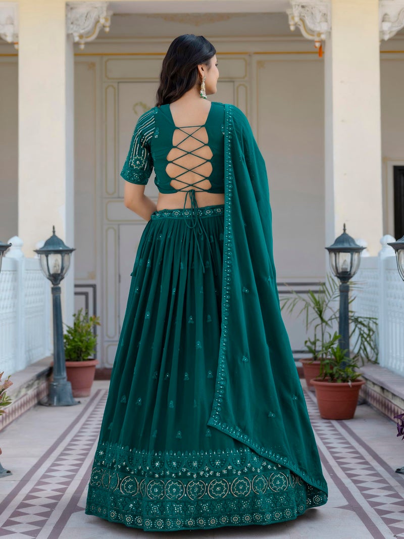 TRENDMALLS Women Georgette Semi Stitched Embroidery Work Lehenga Choli With Dupatta (L287-Darkgreen), 43 - Image 2