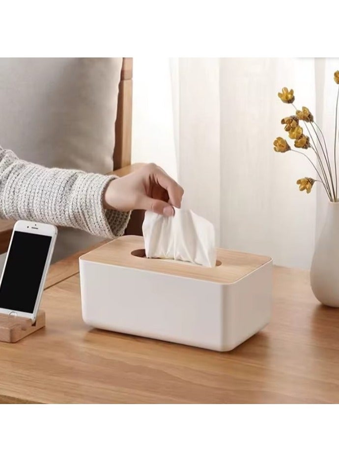 Tissue Box Holder – 21cm Plastic Rectangle Tissue Organizer with Wooden Lid – Minimalist Napkin Dispenser for Home, Office, Bathroom, or Car – Refillable & Stylish - Image 1