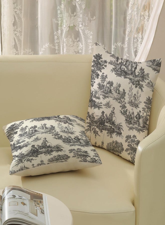 GOLIANDA أغطية وسائد ريفية فرنسية من جولياندا، مقاس 18×18 بوصة، طقم من قطعتين، بنقشة تويل عتيقة باللونين الأسود والرمادي، أغطية وسائد خارجية مزخرفة بنمط ريفي فرنسي، غطاء وسادة ريفي مناسب للأريكة. - Image 4