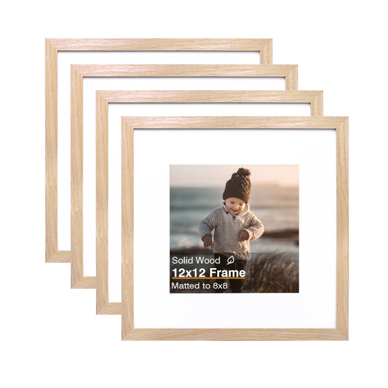 KINLINK 12x12 Picture Frame, Natural Square Solid Wood Frames for Pictures 8x8 with Mat or 12x12 without Mat, Wall Display Photo Frames Natural Wood 4 Pack - Image 1