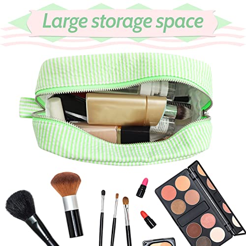 GFU Cosmetic Bags for Women, Seersucker Cosmetic Bag, Travel Toiletry Stripe Makeup Bag, Large Women Aesthetic Organizer Storage Pouch, Girls Handbags Purses, Green - Image 3