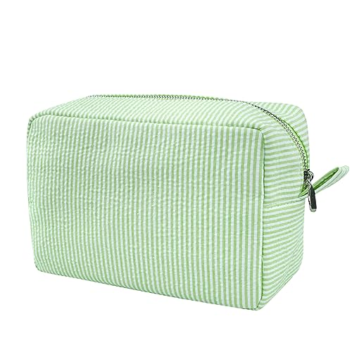 GFU Cosmetic Bags for Women, Seersucker Cosmetic Bag, Travel Toiletry Stripe Makeup Bag, Large Women Aesthetic Organizer Storage Pouch, Girls Handbags Purses, Green - Image 1