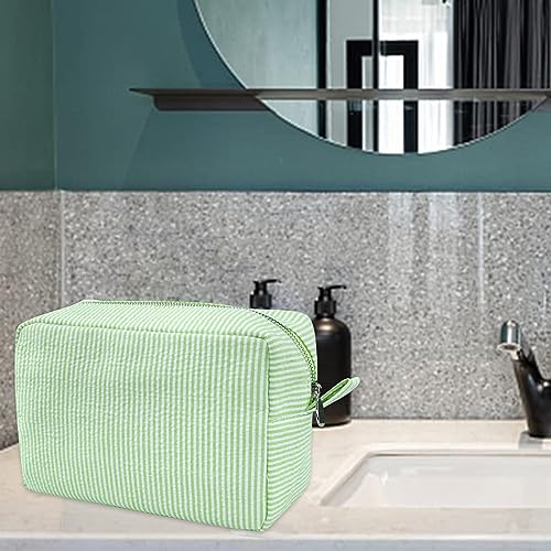 GFU Cosmetic Bags for Women, Seersucker Cosmetic Bag, Travel Toiletry Stripe Makeup Bag, Large Women Aesthetic Organizer Storage Pouch, Girls Handbags Purses, Green - Image 5