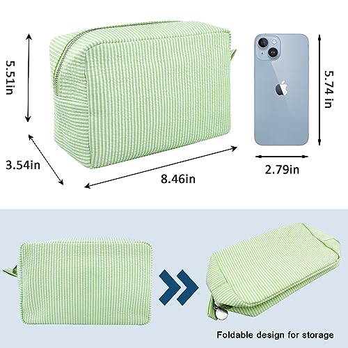 GFU Cosmetic Bags for Women, Seersucker Cosmetic Bag, Travel Toiletry Stripe Makeup Bag, Large Women Aesthetic Organizer Storage Pouch, Girls Handbags Purses, Green - Image 4