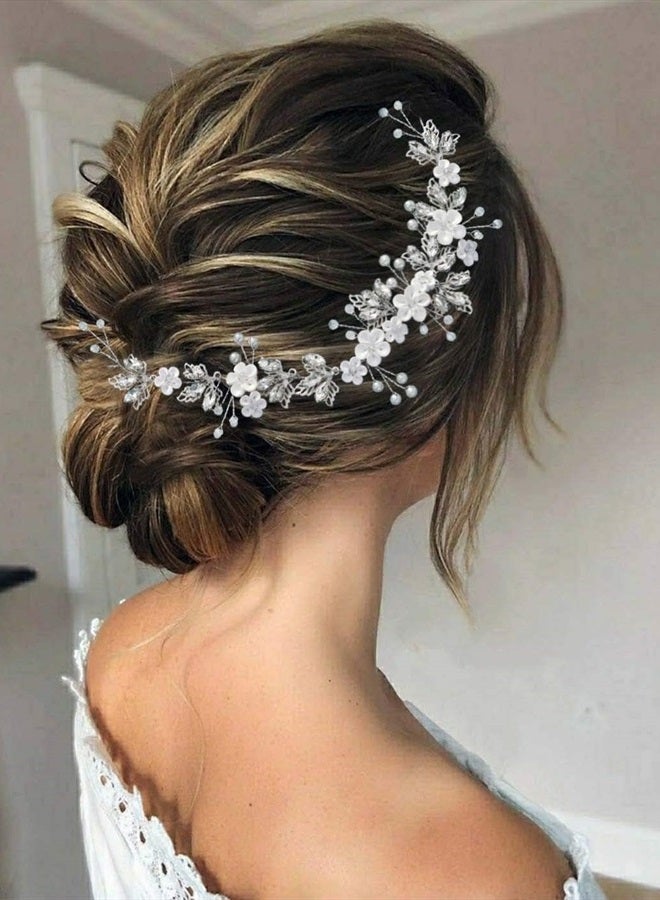 GORAIS Flower Bride Wedding Headband Silver Crystal Bridal Hair Accessories Pearl Leaf Hair Piece Hair Vine for Women and Girls (A-Silver) - Image 1